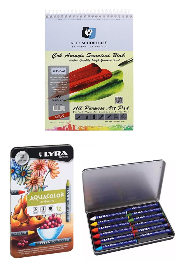 Alex Schoeller Multi-Purpose Artistic Block 200gr A5 20 Sheets Lyra Aquacolor Crayon 12 Colors