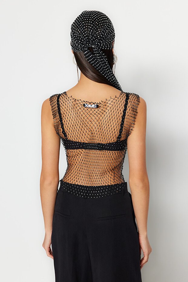 Siyah Crop Örme Parlak Taşlı Bluz TPRSS23BZ00084 - 6