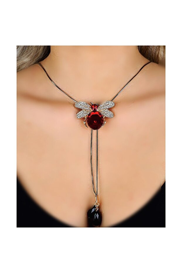 Women's Red Thin Black Chain Crystal Stone Bee Fly Steel Necklace