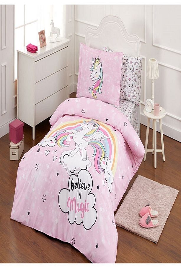 Pembe Unicorn Tek Kişilik Çarşafı Lastikli Uyku Seti - 1