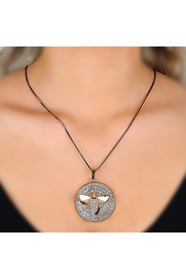 Gold Black Thin Chain Crystal Stone Moving Bee Steel Necklace Round
