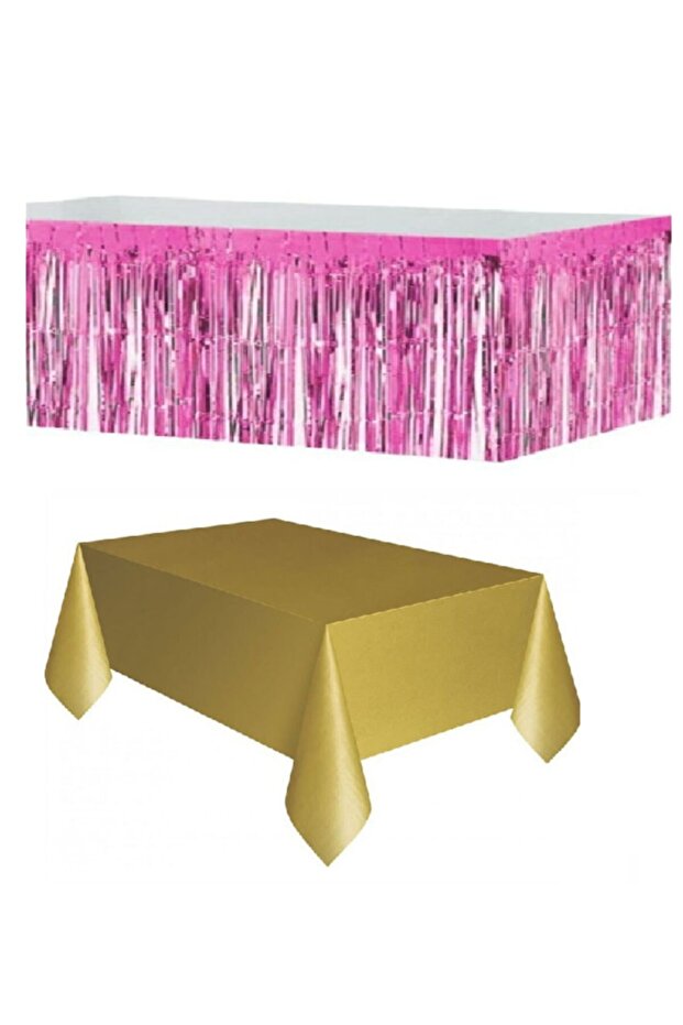 Pink Metallized Table Skirt + Plastic Gold Tablecloth