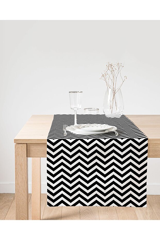 Black and White Zigzag Patterned Digital Printed Suede Runner - 1