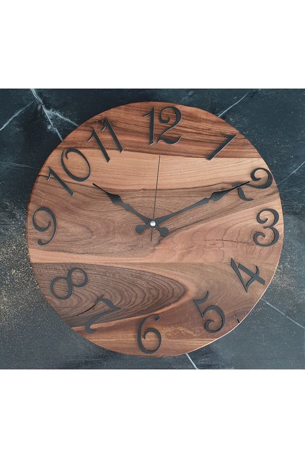 Doğal Ahşap Masif Ceviz Ağacı Duvar Saati Siyah Renkli Çap 40 Cm - 2