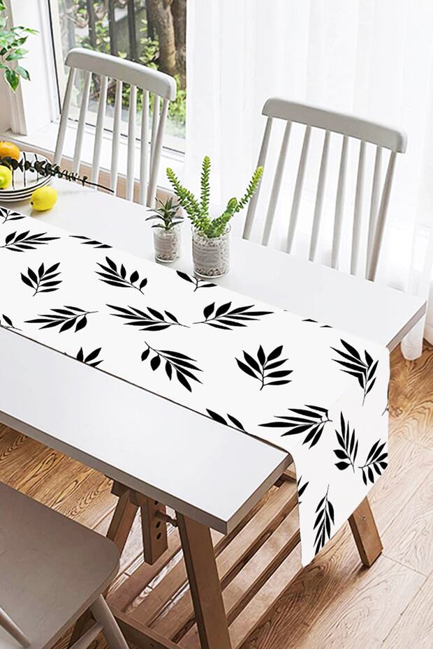 Black and White Leaf Pattern Decorative Suede Runner - 2