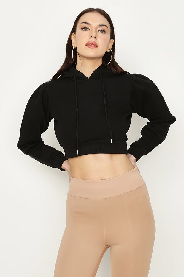 Kadın Siyah Kapüşonlu Crop Sweatshirt - 1