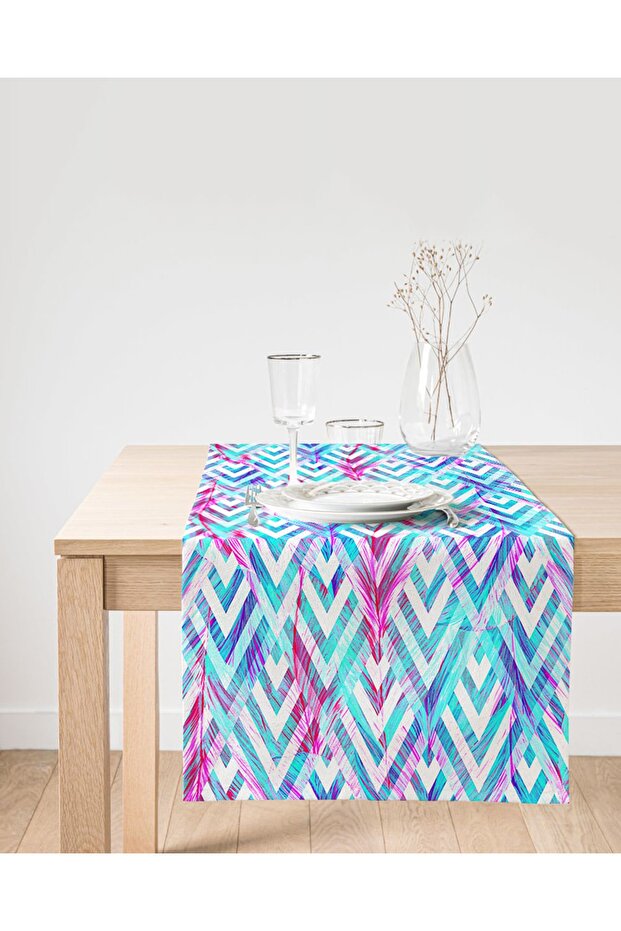 Modern Suede Runner with Feather Pattern on Geometric Background - 1