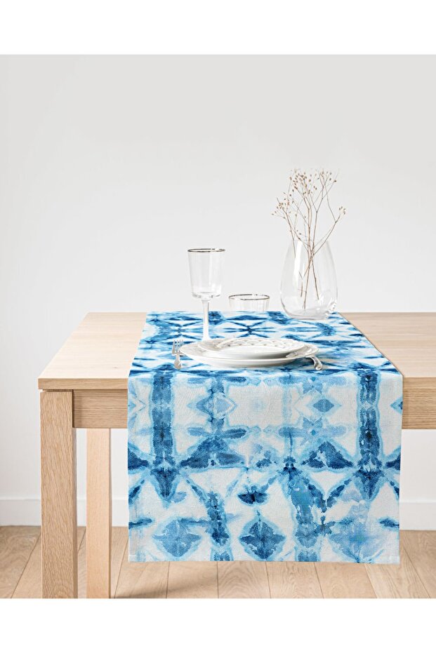 Blue Snowflake Patterned Digital Printed Decorative Suede Runner - 1
