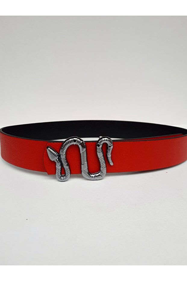 Yılan Tokalı Kadın Kırmızı Kemer - 3