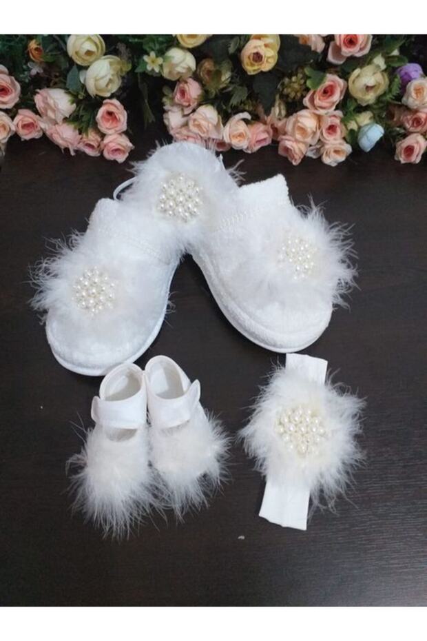 Feather Pearled Maternity Slippers and Crown Baby Booties and Bandana Set