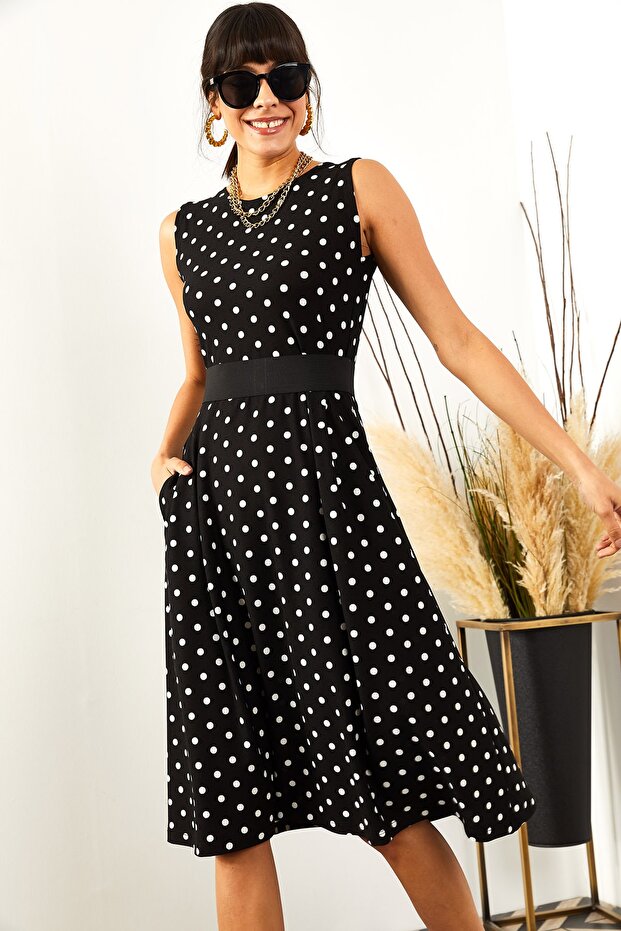 Women's Black Polka Dot Pocketed Flared Dress ELB-19000480