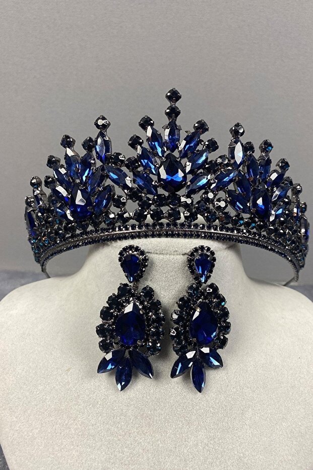 Navy Blue Adela Shiny Stone Henna Bridal Crown and Three Shuttle Earrings Set – Magnet, Gift, Ornamental Accessory