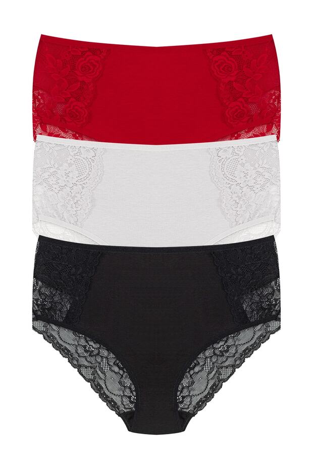 3-Piece Cotton Front and Back Lace High Waist Large Size Women's Panties