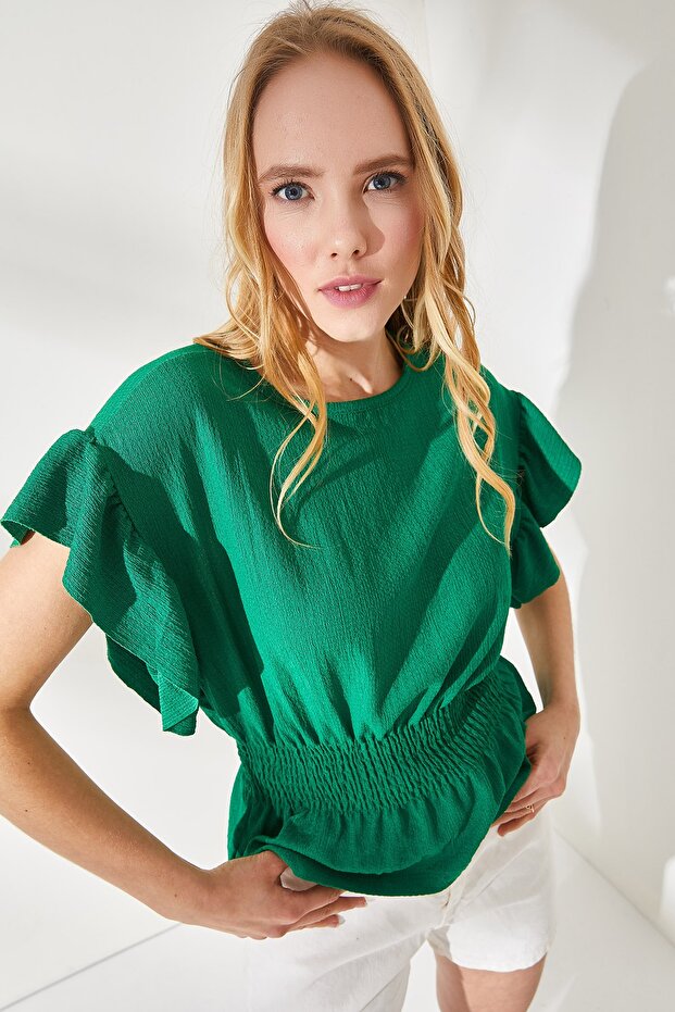 Women's Grass Green Elastic Waist Bat Blouse with Frilly Sleeves BLZ-19002201
