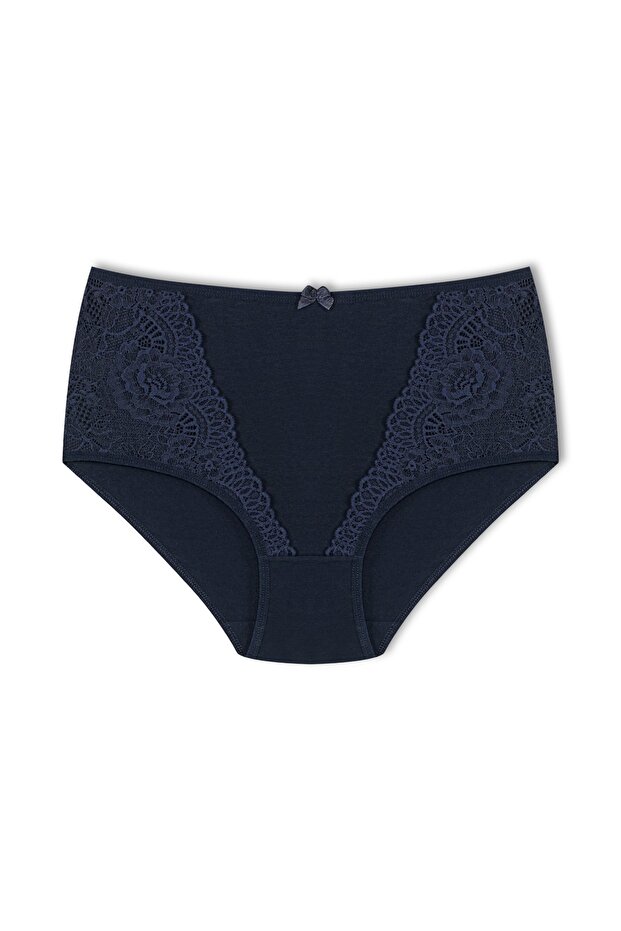 Navy Blue High Waist Plus Size Lace Detailed Cotton Bato Women's Panties