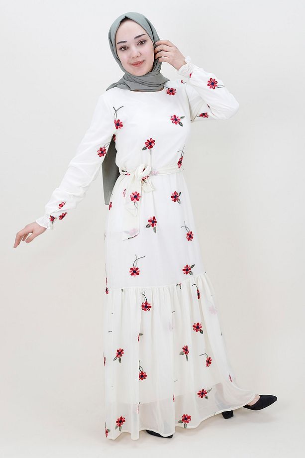 Nakış Modelli Şifon Kumaş Elbise - 3