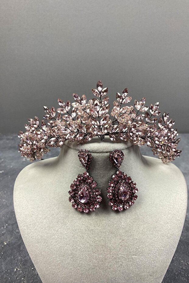 Pink Ashley Beaded Henna Bridal Crown and Drop Stone Earring Set – Wedding & Henna & Wedding, Stylish Design