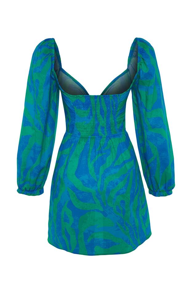 Plaj Giyim %100 Pamuk Soyut Desenli Dokuma Cut Out Detaylı Mini Elbise TBESS23EL00175 - 8