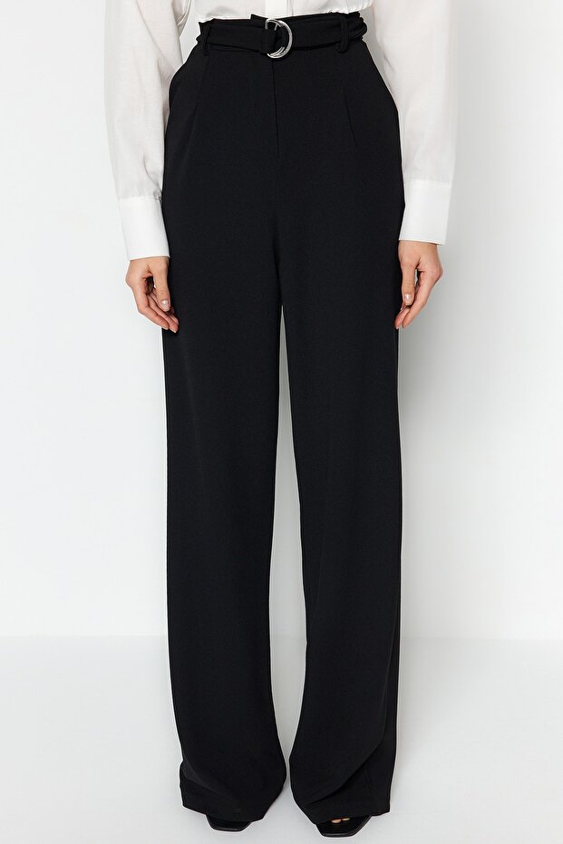Siyah Kemerli Wideleg/Geniş Paça Normal Bel Smart Krep Kumaş Örme Pantolon TWOSS23PL00330 - 3