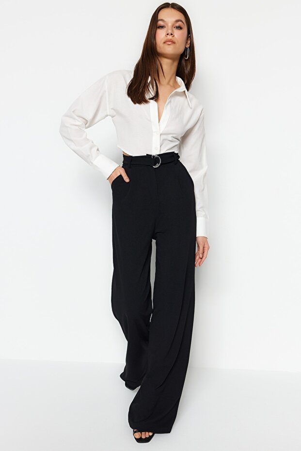 Siyah Kemerli Wideleg/Geniş Paça Normal Bel Smart Krep Kumaş Örme Pantolon TWOSS23PL00330 - 1