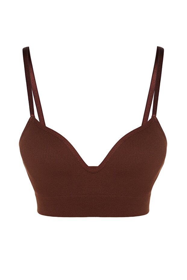 Kahverengi Seamless/Dikişsiz İp Askılı Dolgusuz Balensiz Kaplı Bralette Örme Sütyen THMAW22SU0043 - 9