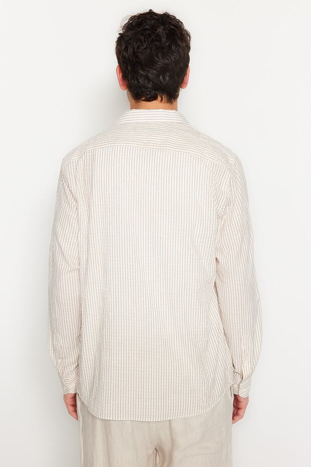 Camel Regular Fit Keten Karışımlı Çizgili Gömlek TMNSS23GO00134 - 5