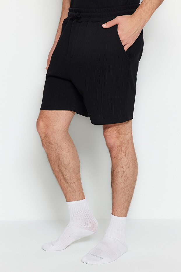 Siyah Regular Regular Fit Waffle Örme Şortlu Kalın Pijama Takımı TMNSS23PT00036 - 5