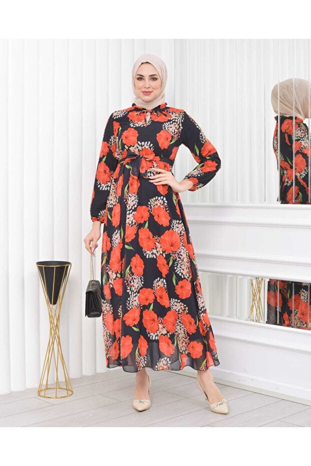 Neck Lined 0 Collar Floral Patterned Chiffon