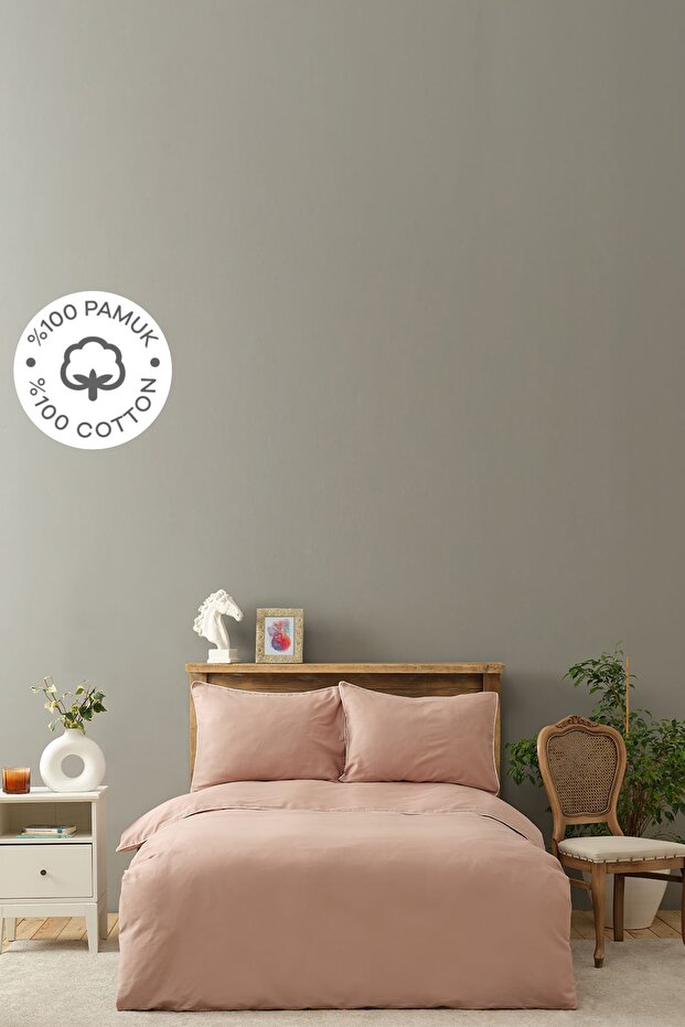 Lori Powder Offwhite Piping 100% Cotton Satin Double Duvet Cover Set