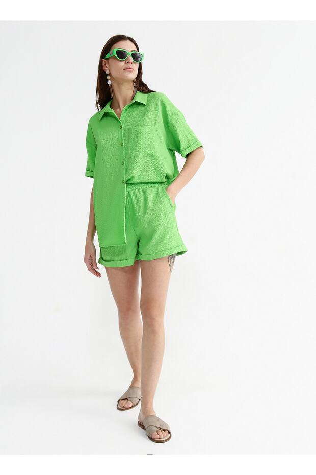 Lastikli Bel Basic Yeşil Kadın Şort Solın - 2