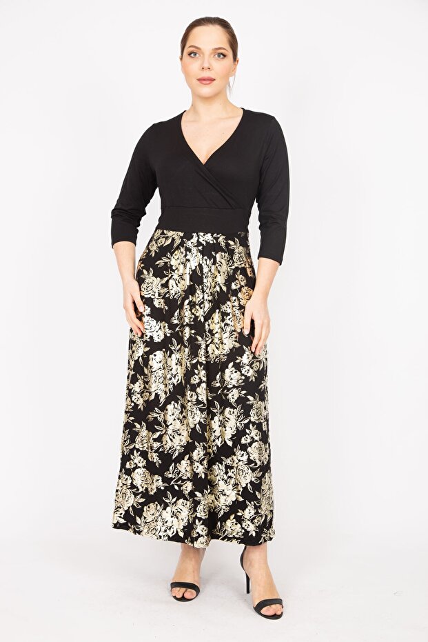 Women's Black Plus Size Wrap Collar Skirt Dore Printed Dress 65n35824