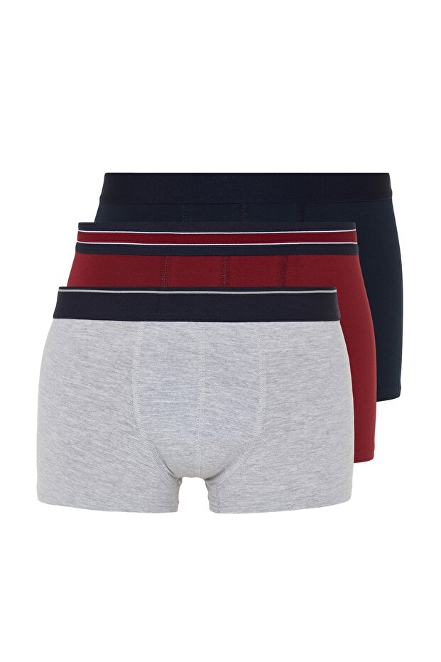 Bordo-Gri-Lacivert Düz Çizgili Lastikli 3'lü Paket Boxer TMNSS23BX00016 - 2