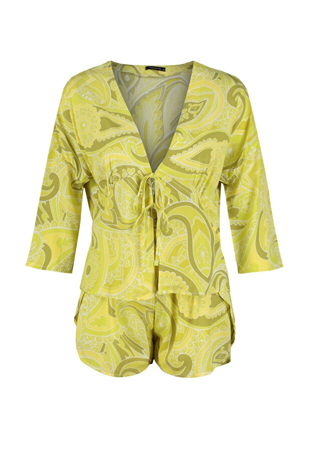 Çok Renkli Etnik/Bohem Desenli Bağlamalı/Fiyonklu Viskon Şortlu Dokuma Pijama Takımı THMSS23PT00165 - 8