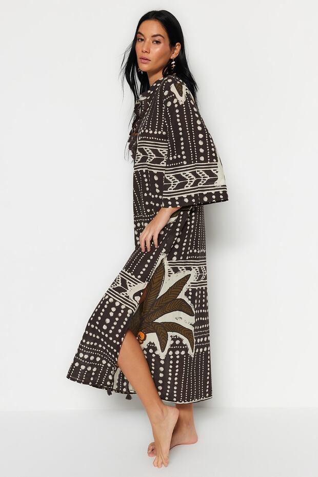 Tropikal Desenli Maxi Dokuma %100 Pamuk Püsküllü Plaj Kimono&Kaftan TBESS20KM0024 - 2
