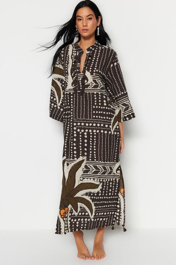 Tropikal Desenli Maxi Dokuma %100 Pamuk Püsküllü Plaj Kimono&Kaftan TBESS20KM0024 - 3
