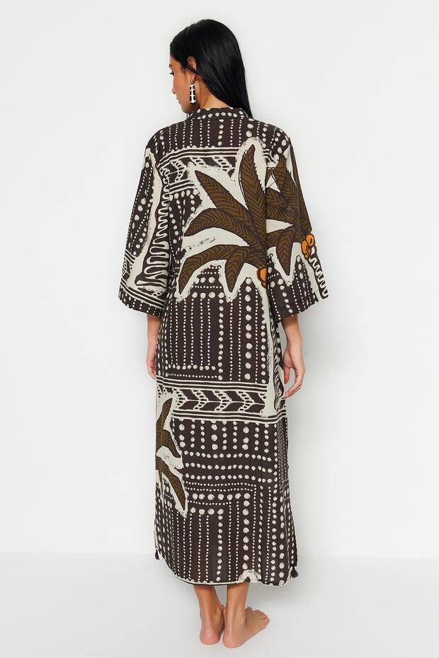 Tropikal Desenli Maxi Dokuma %100 Pamuk Püsküllü Plaj Kimono&Kaftan TBESS20KM0024 - 5