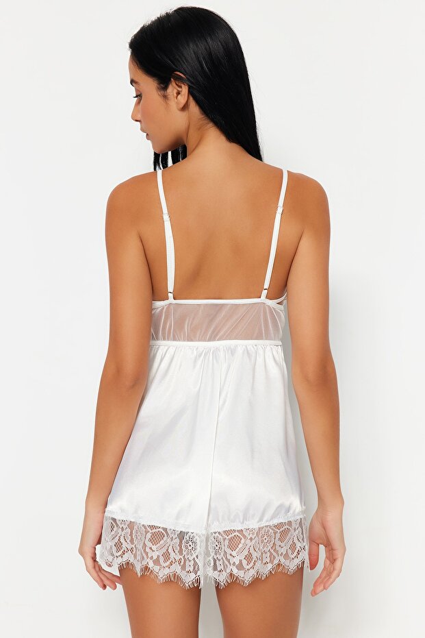 Beyaz Saten Dantelli İp Askılı Babydoll/Fantezi Gecelik THMSS22LL0001 - 3