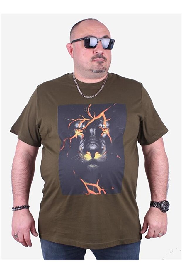 Large Size Men's Printed T-Shirt Lion 23138 Military Green