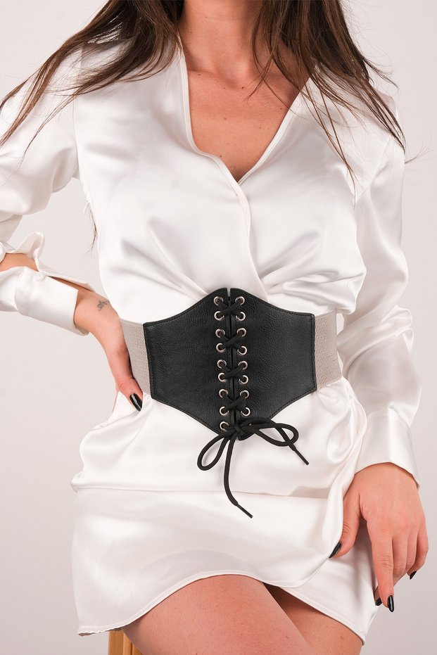 Women's Elastic Corset Belt Lace Up Elastic Belt with Silver Accessories Dress Belt Waist Belt