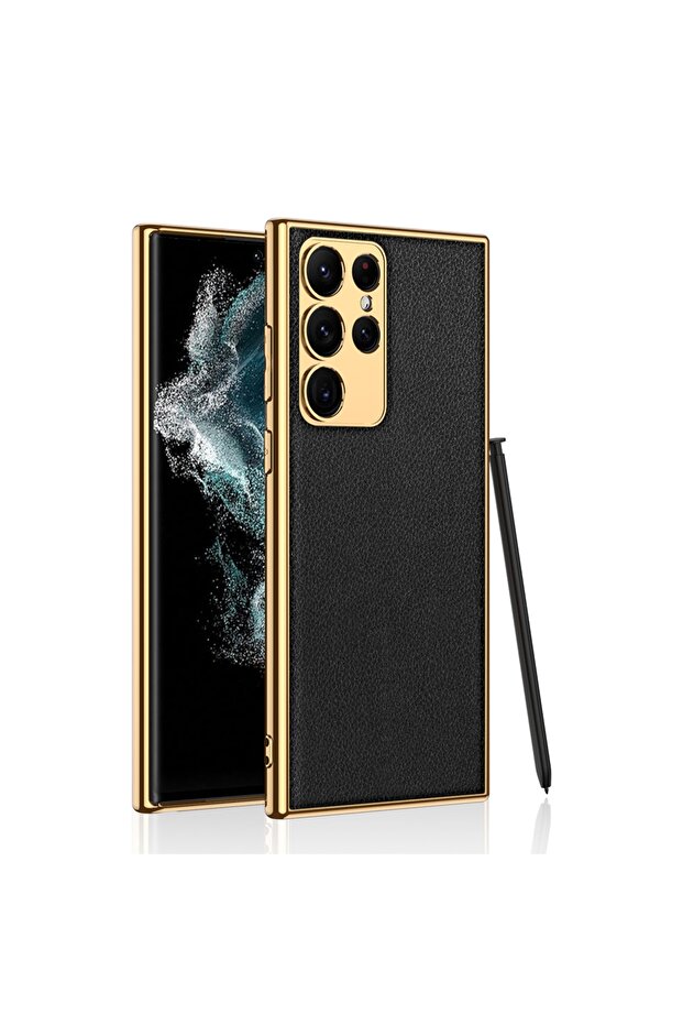 Samsung Galaxy S23 Ultra Compatible Leather Look Edges Electroplating Finish Cover Case