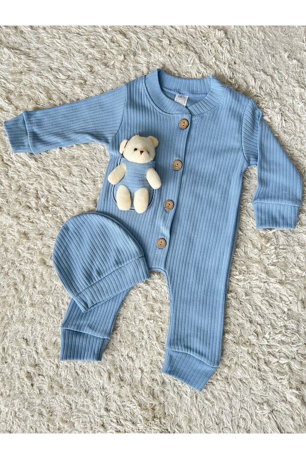 3-6-9 Months Baby Rompers with Hat Accessories and Teddy Bear Detail