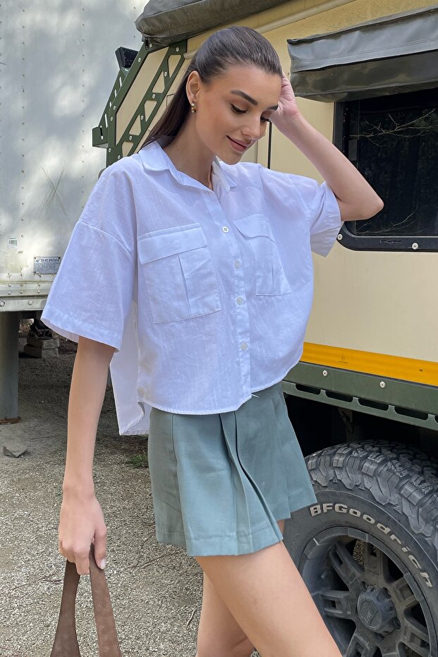 Women's White Double Pocket Half Sleeve Linen Shirt ALC-X9991