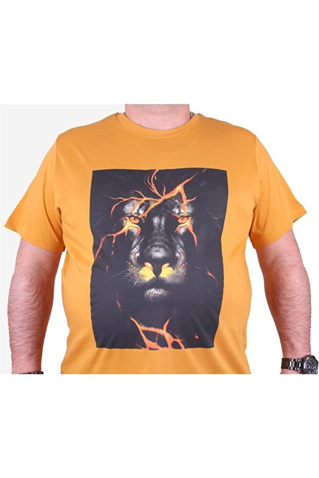 Large Size Men's Printed T-Shirt Lion 23138 Mustard