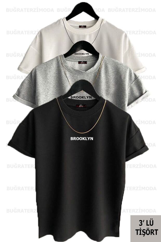 Brooklyn Printed Unisex Black-white-gray (loose Fit) Oversize 3-Piece T-shirt Pack