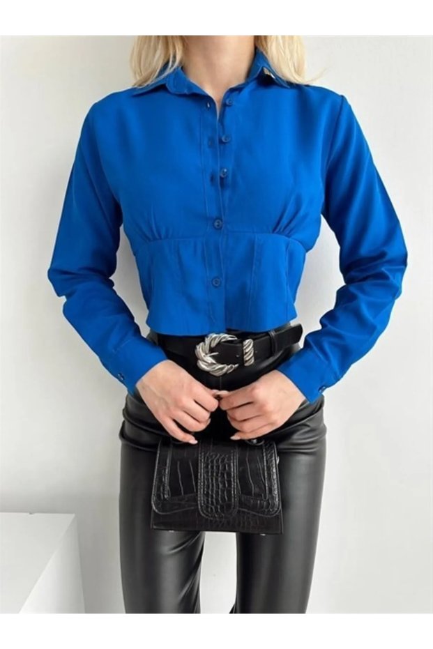 Women's Cobalt Blue Corseted Elastic Waist Crop