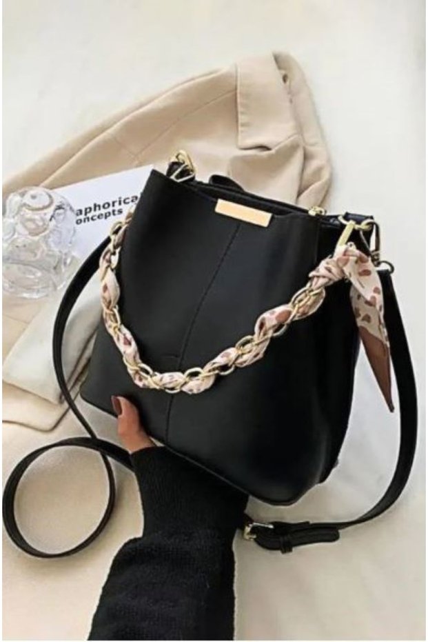 Women's Soft Leather 3-Compartment Hand, Arm, and Shoulder Bag with Black Scarf and Chain Accent