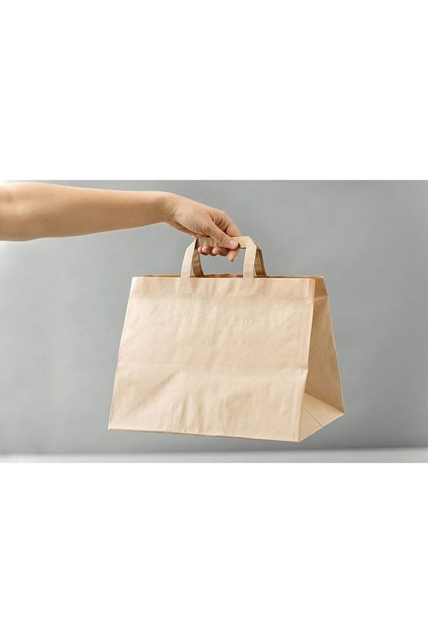 Kraft Kâğıt Poşet (33x20x33 Cm) Düz Flat Saplı Kâğıt Torba (100 Adet) Kâğıt Çanta - 2
