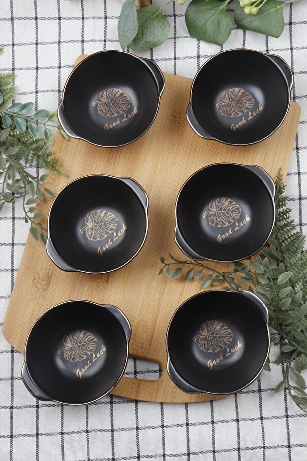 6 Piece Porcelain Good Luck Black Bowl Set
