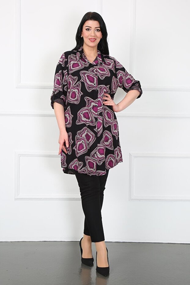 Women's Lilac Cotton Viscose Patterned Large Size Tunic
