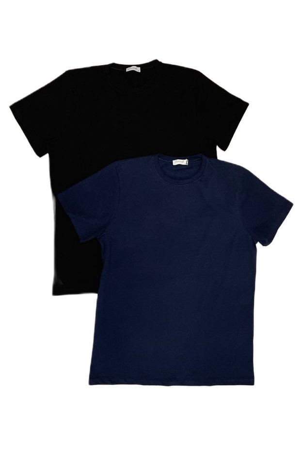 Men's Slim Fit Narrow Cut Crew Neck Short Sleeve Cotton T-Shirt Pack of 2 Black Navy Blue